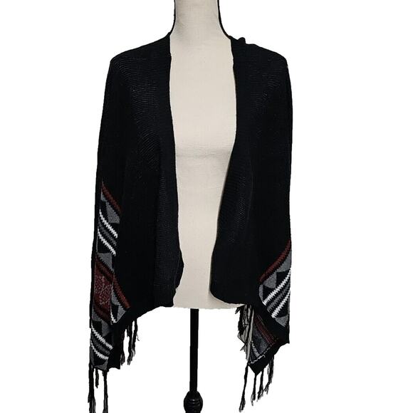 Demanding by Say What Fringe Cardigan Sweater One Size Western Boho Black Grey - Picture 1 of 6